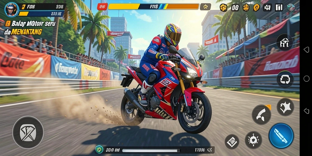 Tampilan gameplay FO8 yang mengasyikkan dan penuh aksi balap motor.