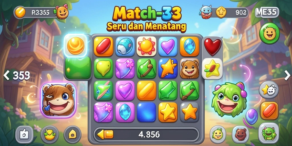 Tangkapan layar utama ME355 menampilkan gameplay Match-3 yang menarik.