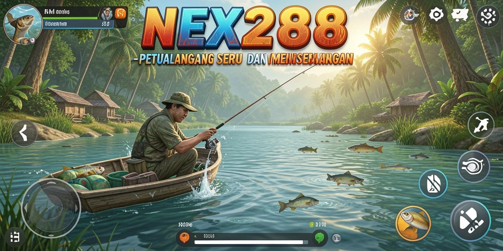 Tangkapan besar dalam aksi gameplay NEX288 di tepi danau.