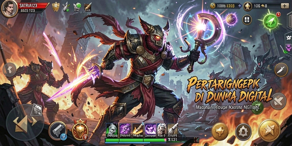 Screenshot SATRIA123 menampilkan aksi pertarungan seru di arena.