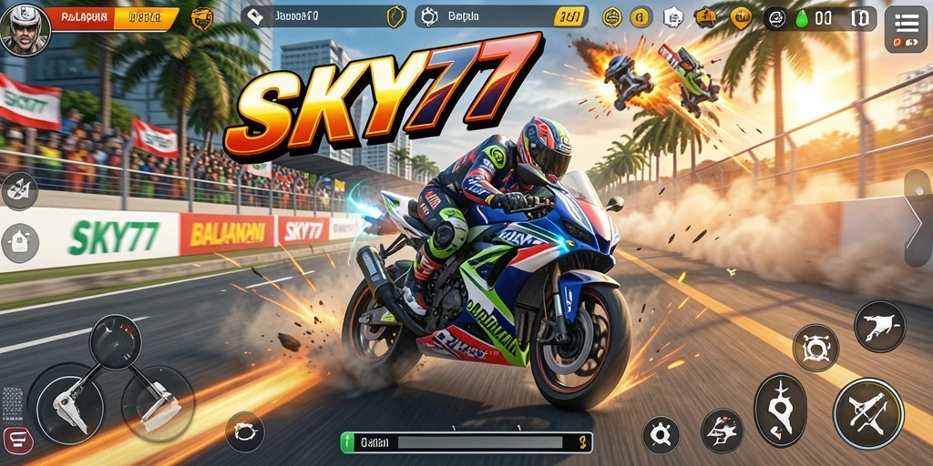 Tampilan gameplay balapan motor yang mendebarkan di SKY77.