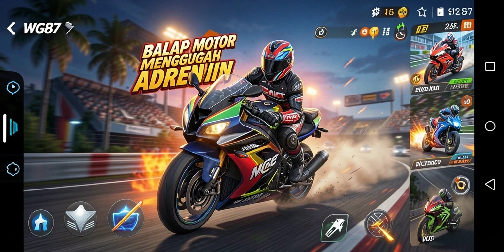 Screenshot utama WG87 menampilkan aksi balapan motor yang seru.